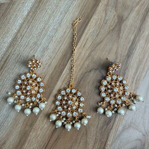 Ethnic Indian Wear Gold and White Pearl Chandbali Earrings with Maang Tikka